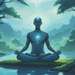 Una figura serena medita con las piernas cruzadas en una pequeña isla de un río tranquilo, rodeada de árboles y montañas, que brilla con energía azul y patrones geométricos de luz, simbolizando la paz interior, la iluminación y el poder de sanar el trauma.