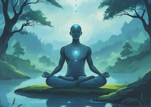 Una figura serena medita con las piernas cruzadas en una pequeña isla de un río tranquilo, rodeada de árboles y montañas, que brilla con energía azul y patrones geométricos de luz, simbolizando la paz interior, la iluminación y el poder de sanar el trauma.