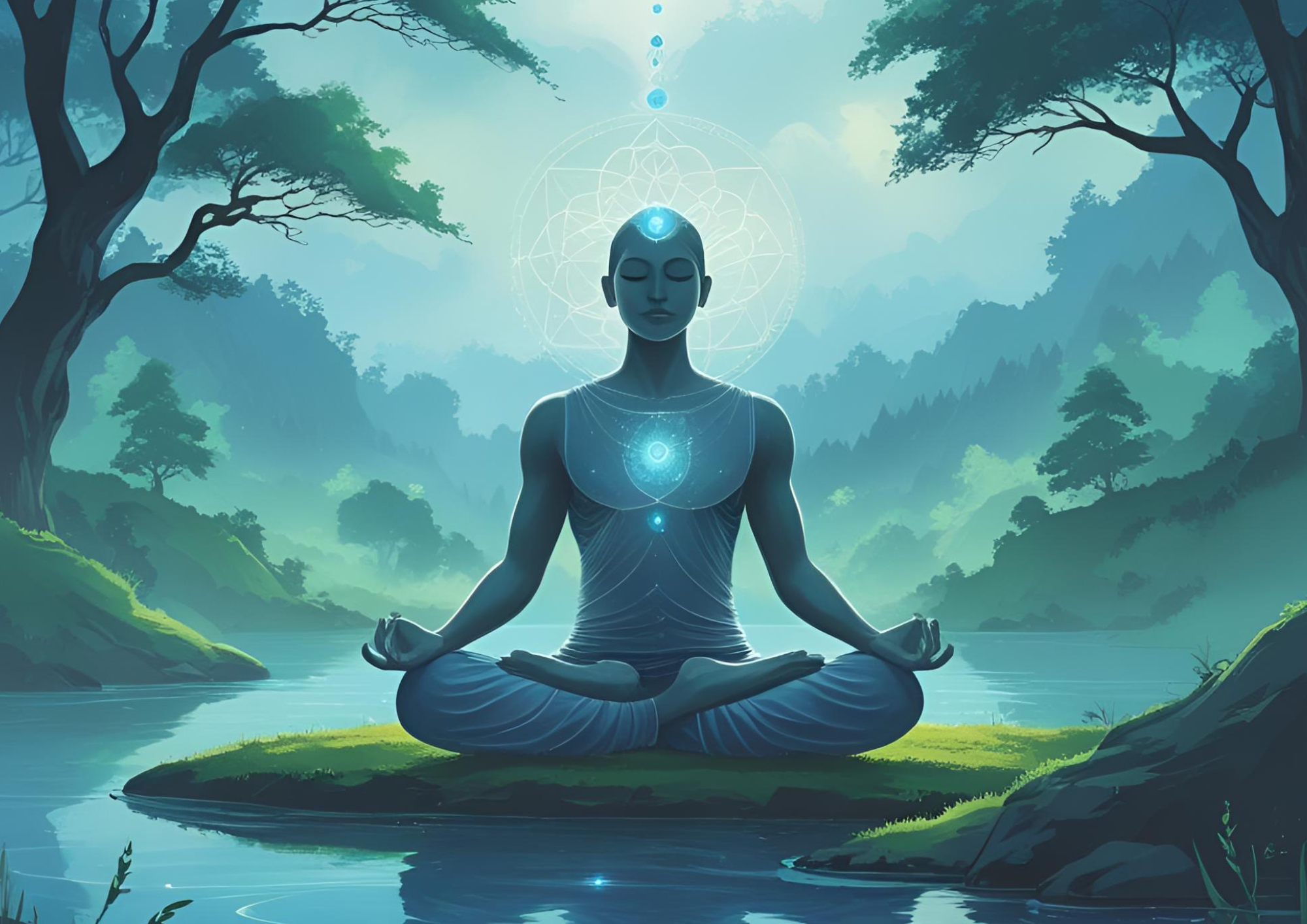Una figura serena medita con las piernas cruzadas en una pequeña isla de un río tranquilo, rodeada de árboles y montañas, que brilla con energía azul y patrones geométricos de luz, simbolizando la paz interior, la iluminación y el poder de sanar el trauma.