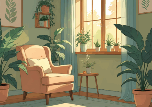 Un acogedor salón con un sillón, una mesa auxiliar, plantas en macetas y una gran ventana por la que entra la luz del sol. Las paredes verdes, las plantas frondosas y las suaves cortinas crean un ambiente tranquilo y acogedor.
