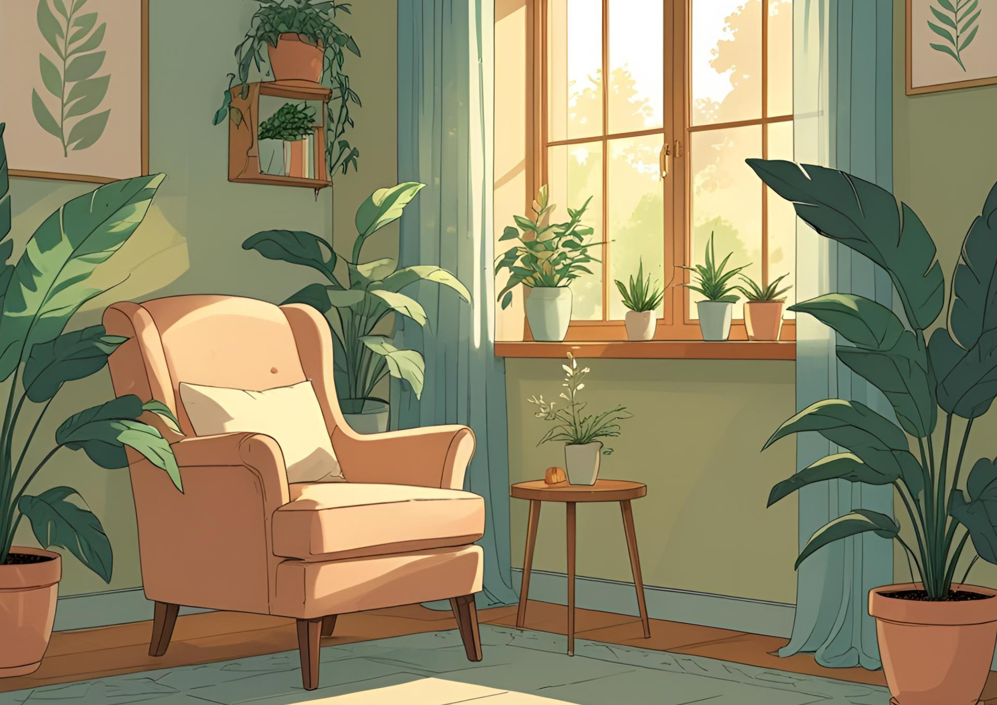 Un acogedor salón con un sillón, una mesa auxiliar, plantas en macetas y una gran ventana por la que entra la luz del sol. Las paredes verdes, las plantas frondosas y las suaves cortinas crean un ambiente tranquilo y acogedor.